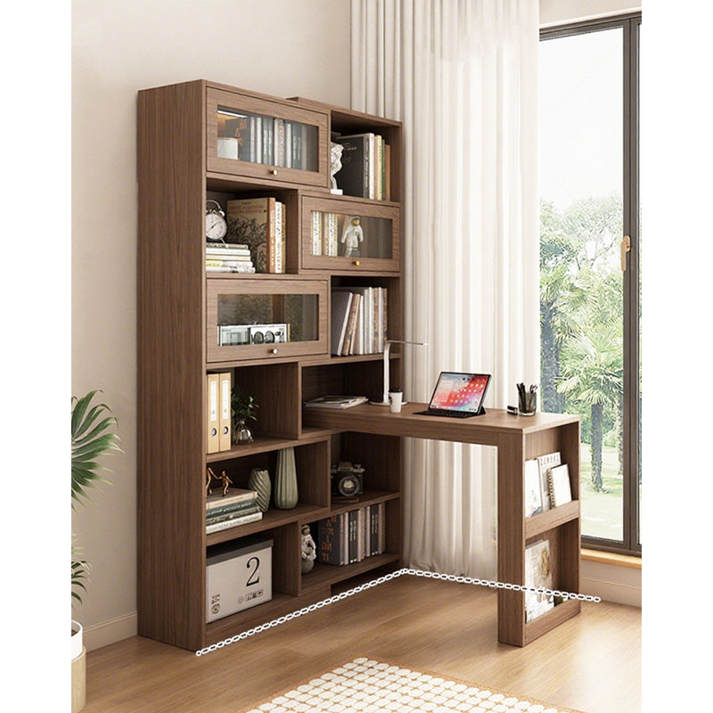 Solid Wood L-Shaped Retro-Style Extendable Bookcase-Desk Combo, Brown, 78.74" H x 47.24" W x 39.37" D