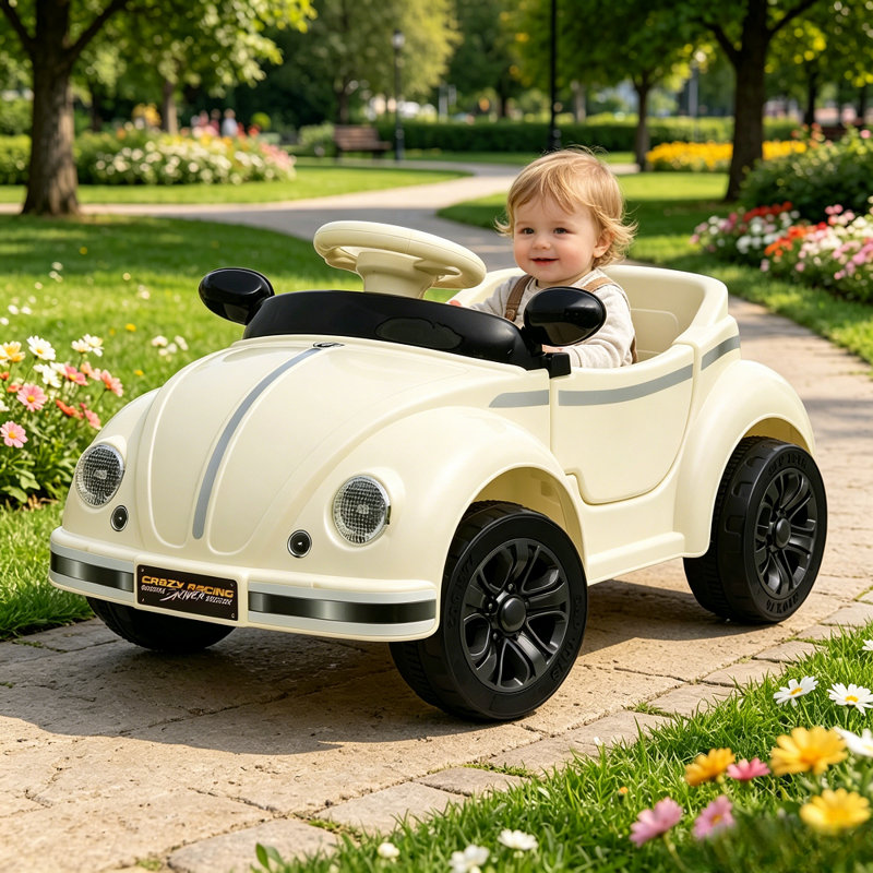 Voiture tout-petit 12V avec télécommande 2,4G, jouet électrique rétro anti-basculement pour enfants Bluetooth, Blanc