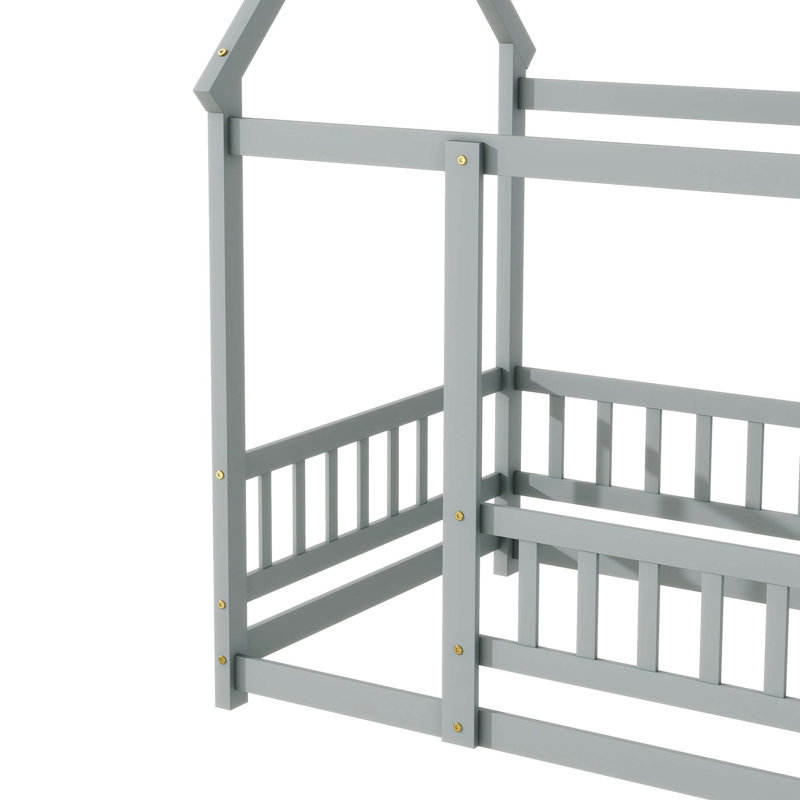 Lit simple en bois avec structure de toit et garde-corps, Gris, Twin