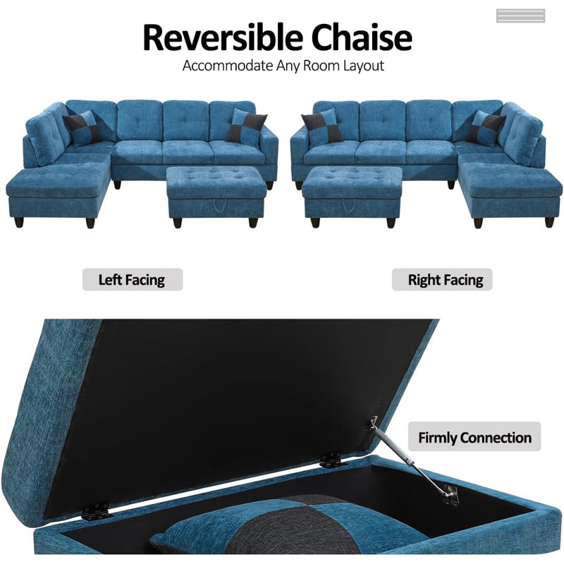 Canapé modulaire en forme de L de 103 po avec repose-pieds de rangement, Orienté à droite, Flanelle bleue