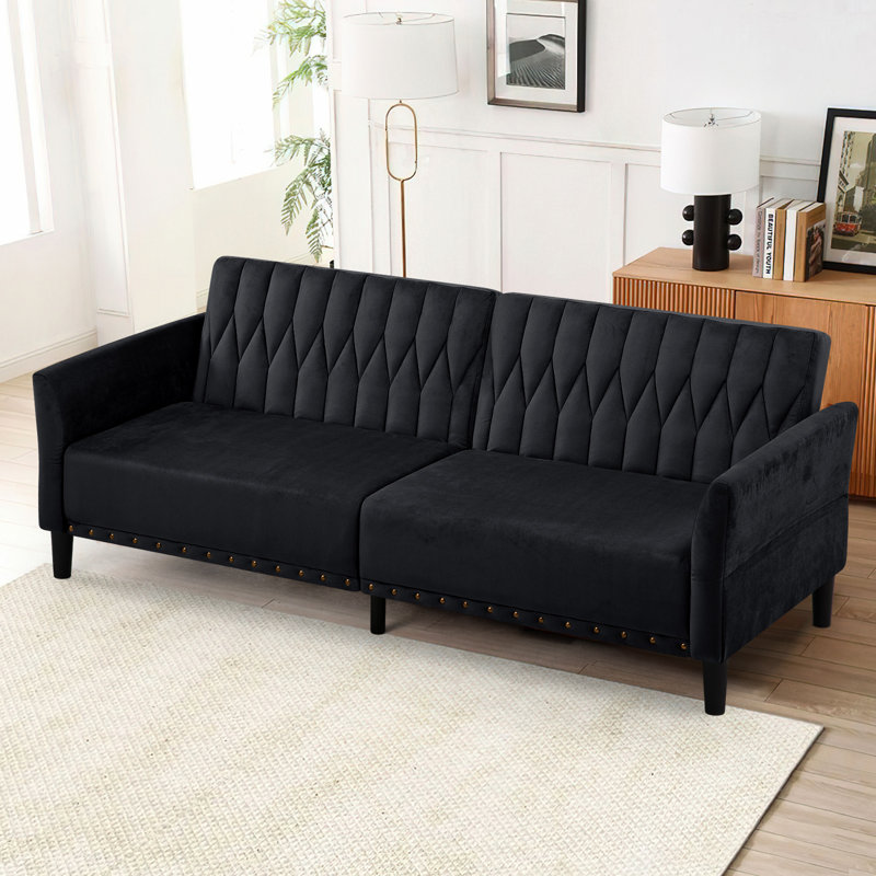 Wallasse 78'' Velvet Reclining Sleeper Sofa, Black