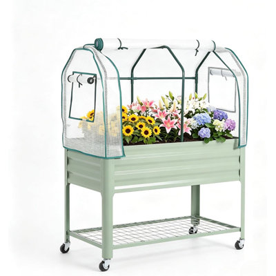 Lit de jardin surélevé avec couvercle, pot de fleurs surélevé en métal galvanisé avec roulettes et tablette inférieure, 48 x 24 x 56, en vert