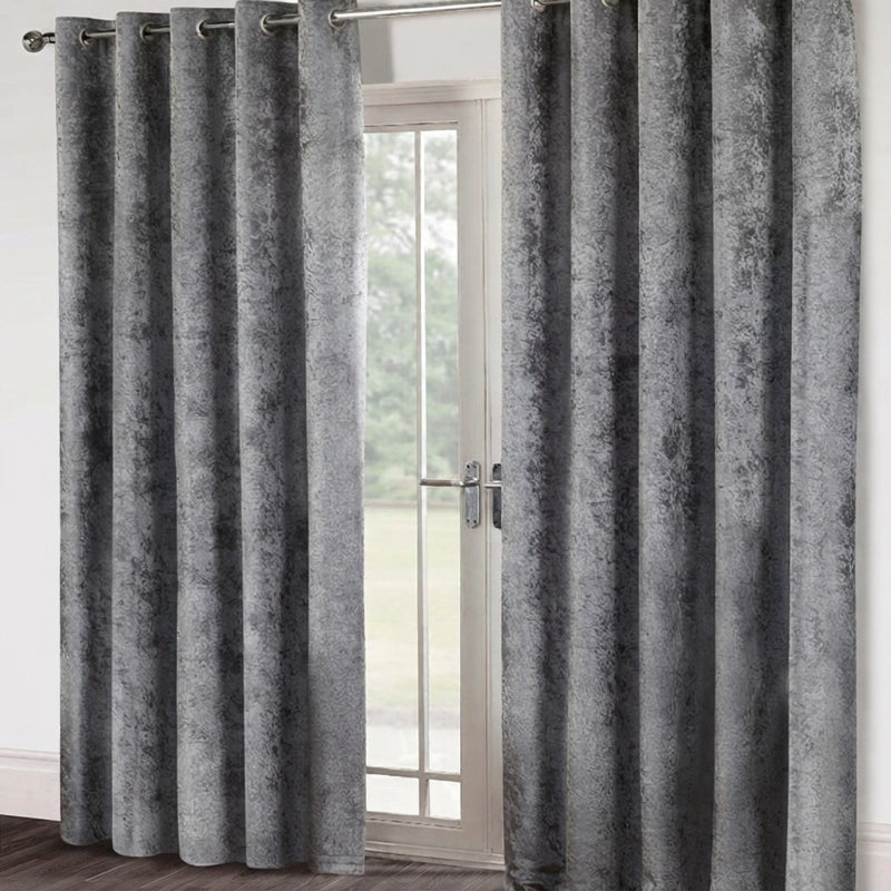 Eleanora Crushed Velvet Eyelet Panels, Width 167 x Drop 137 cm, Charcoal