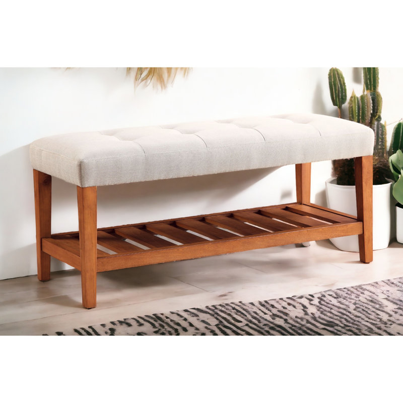 Banc en tissu et finition chêne Charla, Gris clair