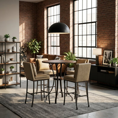 Saleya 5-Piece Round Walnut Wood Tabletop Pub Table Set With Mushroom Brown Stools Seats Up To 4