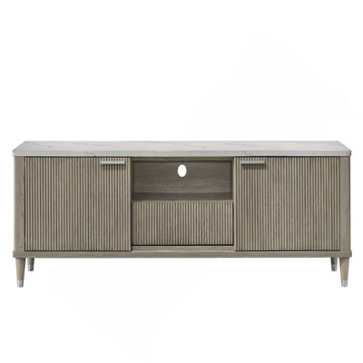 1pc Modern Luxury and Sleek Faux Marble Top Sliding Doors Open Shelving Tapered Legs Tv Stand Media Console