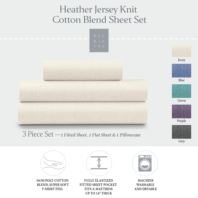 Ivory Heather Jersey Knit Cotton Blend Queen Sheet Set