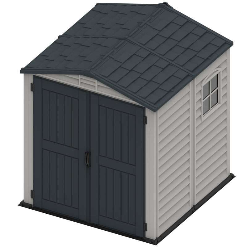 Gray Vinyl Resin Storage Shed with Shelving and Windows