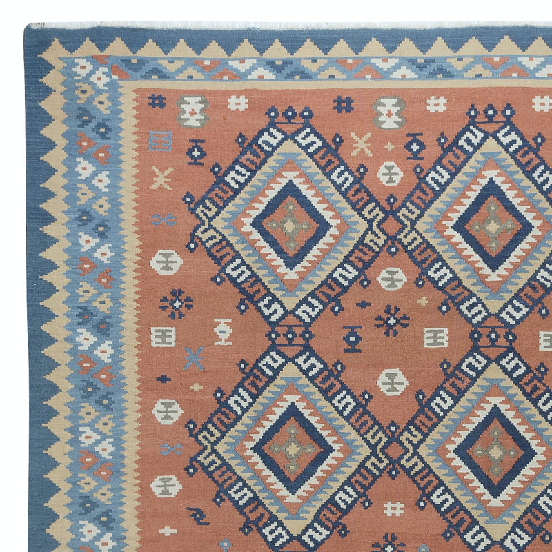 Tapis kilim 8,5 x 9,2 pi tissé à la main avec détails géométriques, «Flat-Weve», 100% laine