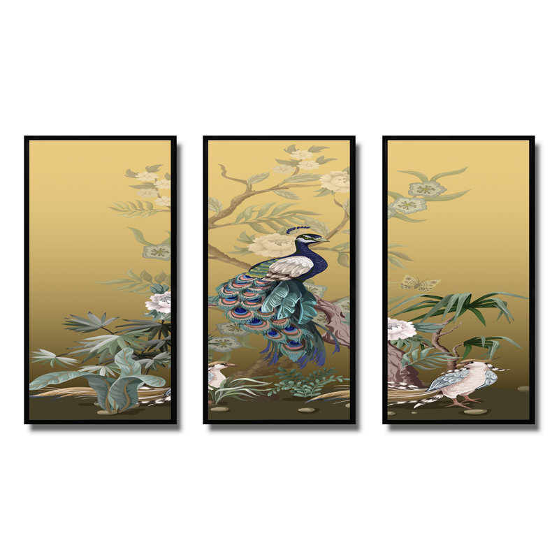 Chinoiserie avec oiseaux et pivoines VI - ensemble de 3 toiles encadrées traditionnelles, H 20 po x l 36 po