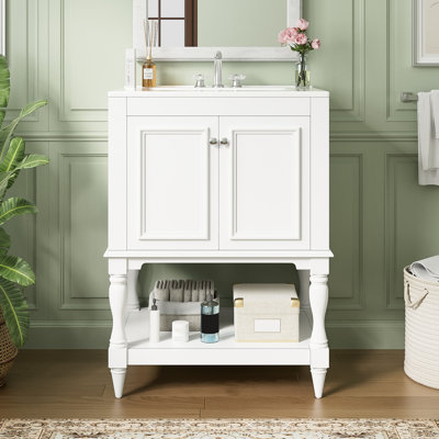 Meuble-lavabo de luxe moderne de 24 pouces avec lavabo en céramique, sculptures ornées sur les pieds, rangement double pour une utilisation polyvalente