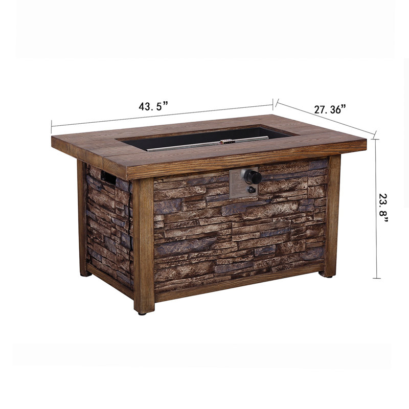Produit Foyer de table rectangulaire de 50 000 BTU, plateau à grain de bois artificiel et base à texture de pierre artificielle
