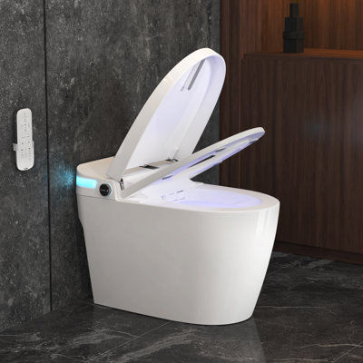 Elongated Tankless Smart Toilet with Bidet Wash,  Heated Seat, 1.28 Gallons Auto Flush, Warm Air Dryer, Blackout Flush, Foot Sensor Flush & Night Light (Remote Included)