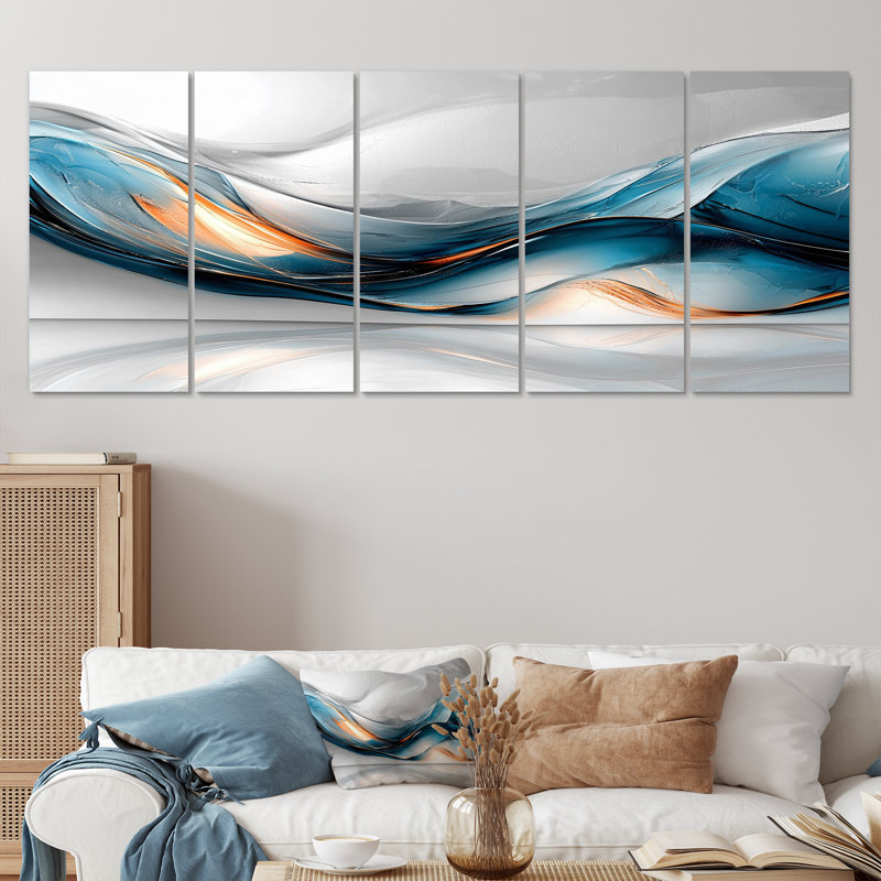 Tourbillon abstrait dans des tons de bleu et d'orange I - ensemble d'art mural de peinture abstraite, H 28 po x l 60 po