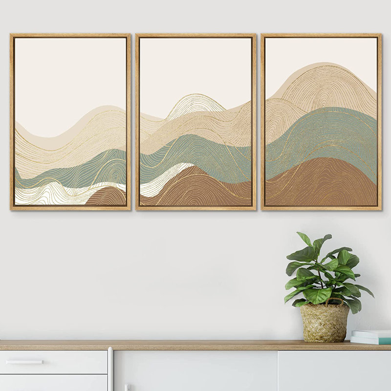 Multicolor Geometric Wave Abstract Mountain Landscape Wall Art Framed Canvas 3 Piece Painting Print, Black, 24" H x 48" W