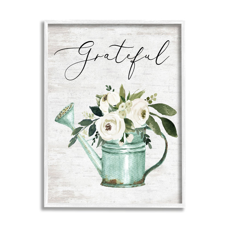 Bouquet de fleurs avec arrosoir rétro Grateful Sentiment, H 30 po x l 24 po x P 1,5 po, Giclée encadrée blanc bord de mer