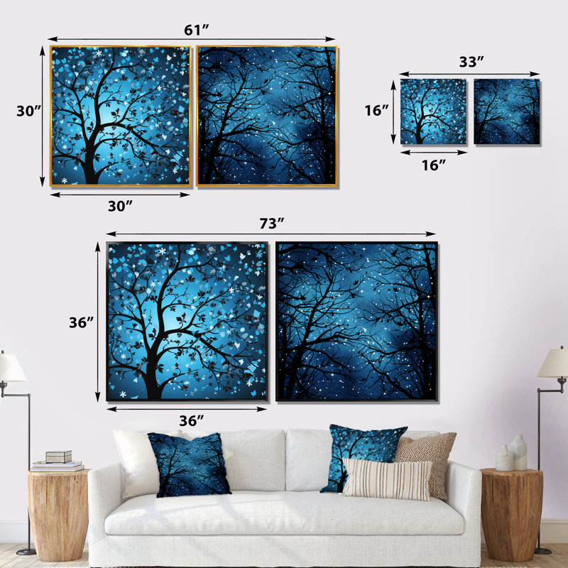 Arbre de lune bleu Revery I - ensemble de 2 décorations murales, Cadre noir, H 16 po x l 33 po x P 1 po