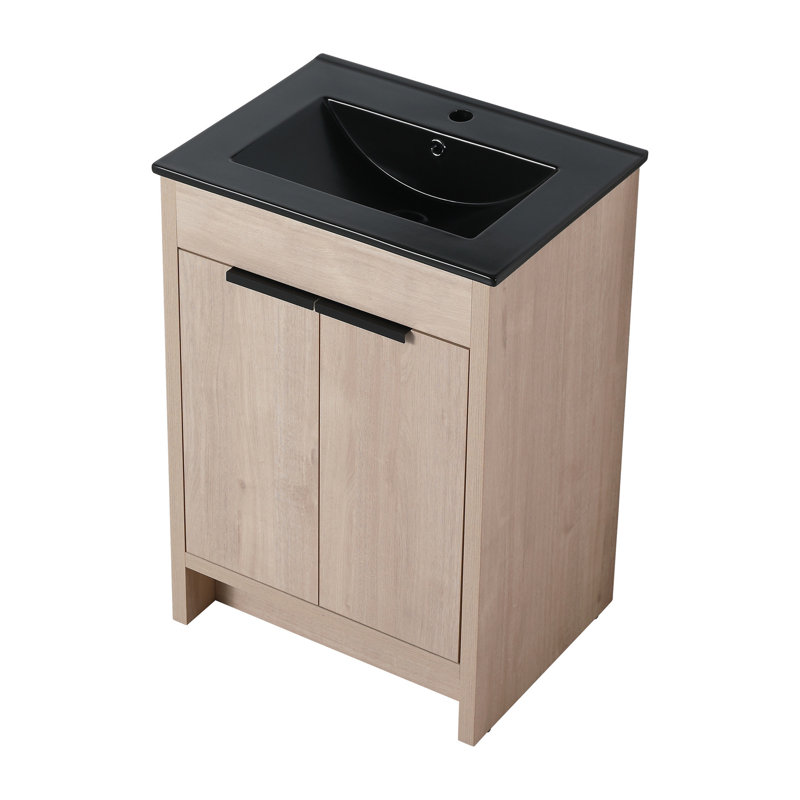 Meuble-lavabo autoportant de 24 po avec lavabo en céramique noire et armoire à fermeture en douceur - portes en contreplaqué de conception moderne