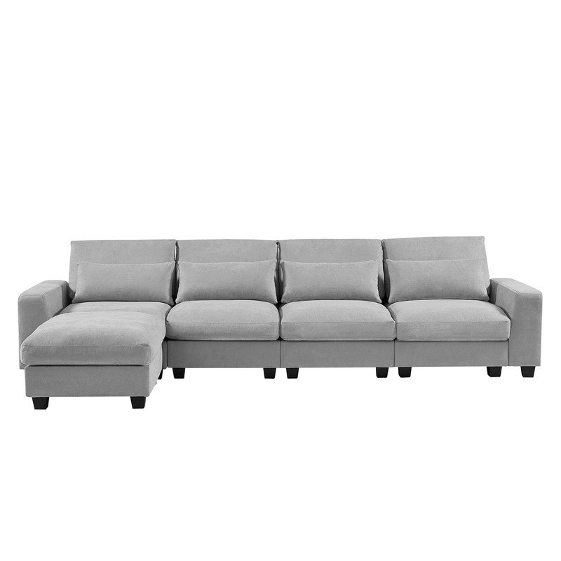 Modern Large L-Shape Feather Filled Sectional Sofa, Grey Linen