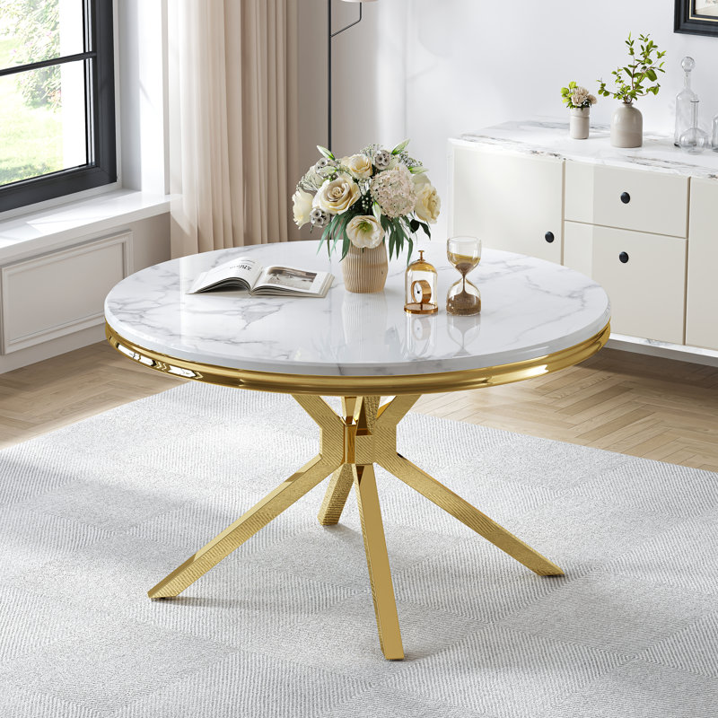 Luxurious Round Dining Table For 4-6 People,46.85”Faux Marble Top With Mirrored Stainless Steel Nest-Shape X Base, Gold