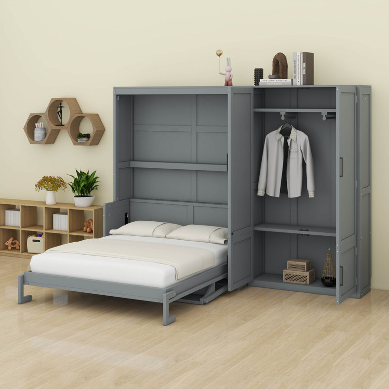 Grand lit escamotable avec garde-robe et garde-robe, Gris