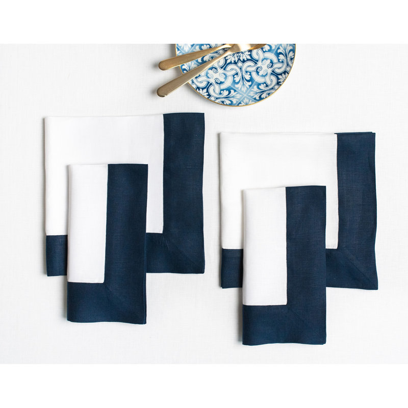 Contempo - 100% Pure Linen Dinner Napkins, Navy/White