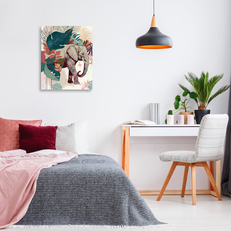 Éléphant et feuilles tropicales, art mural par Fab Funky, H 40 po x l 30 po x P 1,5 po