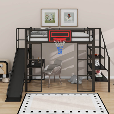 Lit mezzanine double en métal avec bureau intégré, garde-robe ouverte, panier de basketball, glissade et escalier