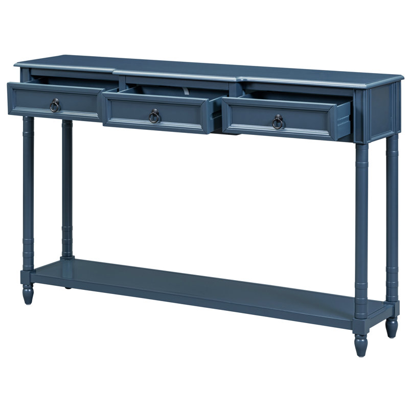 Table d'entrée avec tiroirs et tablette inférieure, élégante console de vestibule bleu marine, Marine antique