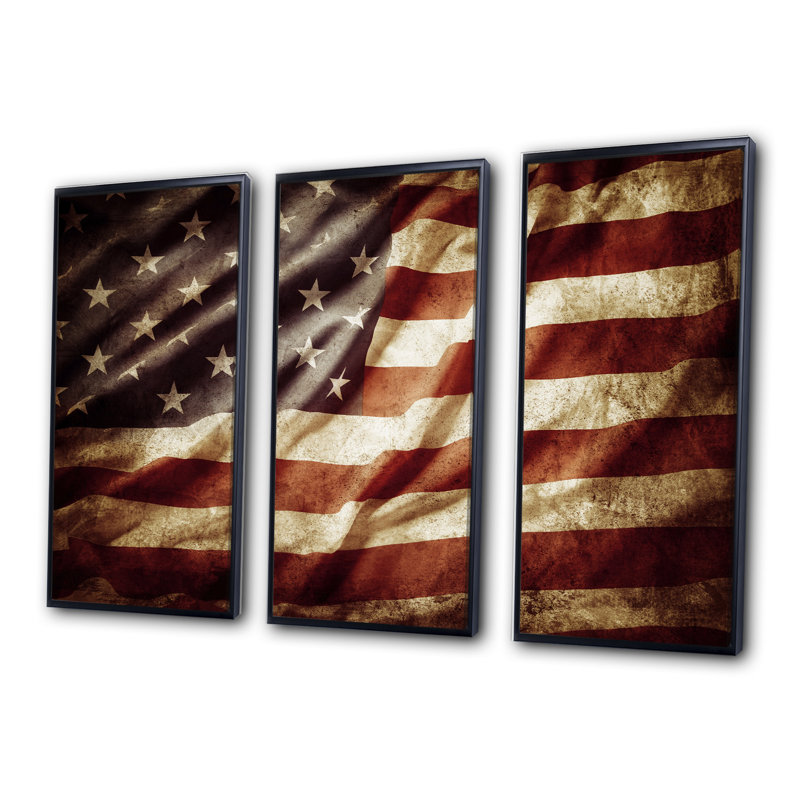 Drapeau américain - photographie flottante sur toile 3 pièces, H 28 po x l 36 po, Noir