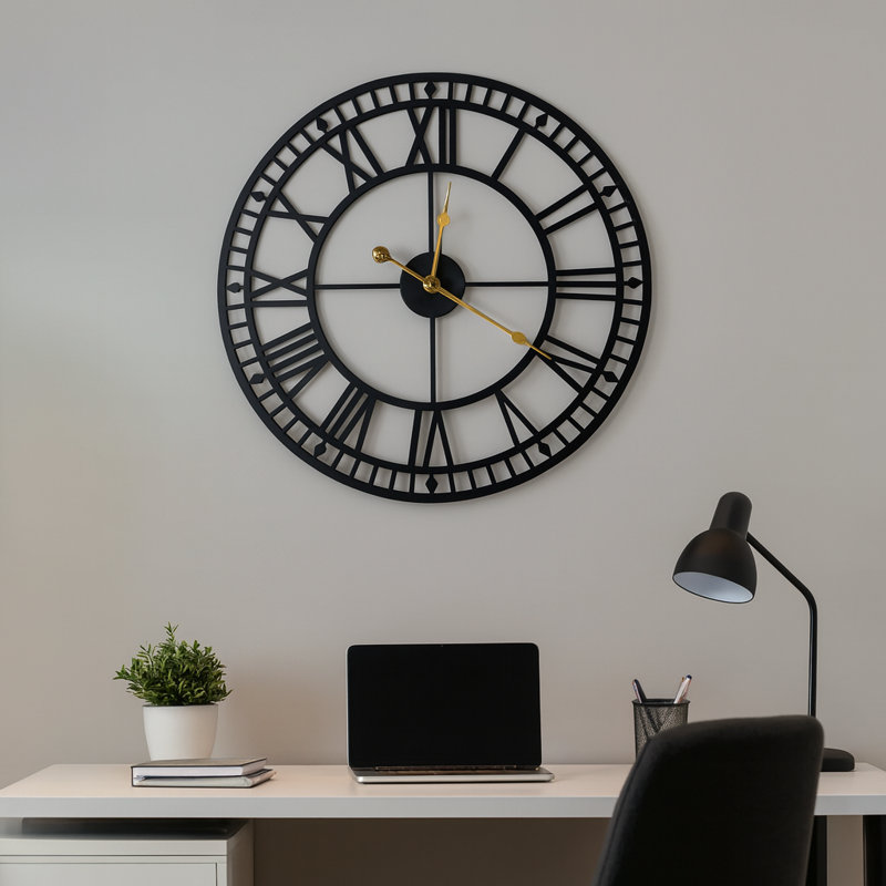 Très grande horloge murale ronde en métal, grande horloge silencieuse à chiffres romains 32 po, décor de bureau à domicile
