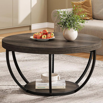 Table basse ronde moderne en bois à 2 niveaux avec rangement, finition grise pour des espaces de vie élégants et fonctionnels