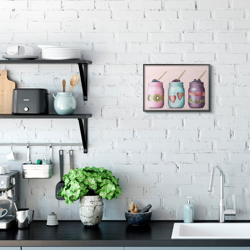 «Fruit Smoothie Jars Food Pink», impression, Giclée encadrée noir minuit, H 11 po x l 14 po