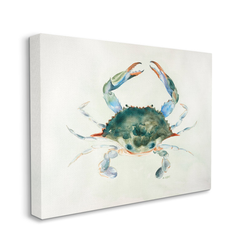 Crabe bleu sur aquarelles douces beiges, Toile tendue, H 30 po x l 40 po