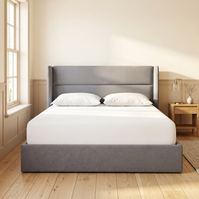 Structure de lit tapissier Annek avec rangement relevable, tête de lit à oreilles de H 40,9 po, lattes de bois et structure en métal, plusieurs tailles et options de tissu disponibles