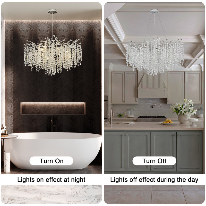 Tree Branch Snow Crystal Chandelier Lighting 32"D, Silver/White