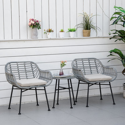 Ensemble de patio 3 pièces, mobilier de bistro extérieur, table et chaises, coussiné, tissé à la main, look moderne avec verre trempé pour le jardin, le porche, la piscine, la cour