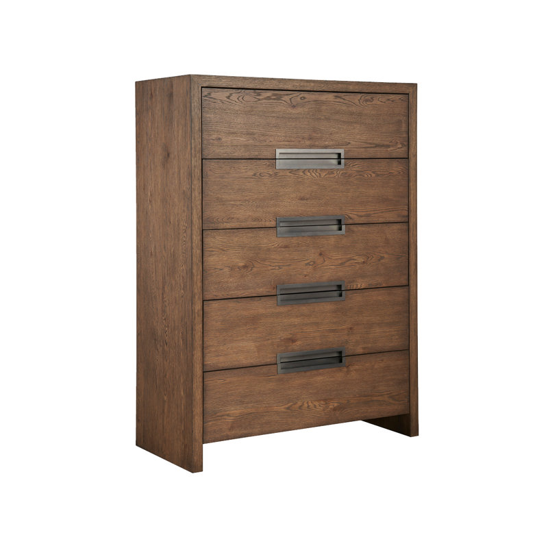Medium Brown Oak 5-Drawer Dresser with Bronze Pulls