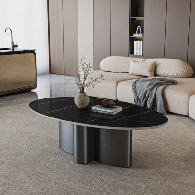 Table basse ovale moderne de 125 cm (49,2 po), plateau en pierre frittée imitation marbre, piètement minimaliste en métal sculptural, montage facile