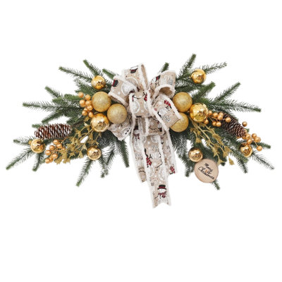 Guirlande de Noël artificielle pour porte d'entrée, guirlande horizontale en forme de larme avec nœud imprimé bonhomme de neige, boules dorées, pommes de pin et étiquette en bois, décoration hivernale pour mur, fenêtre ou porche
