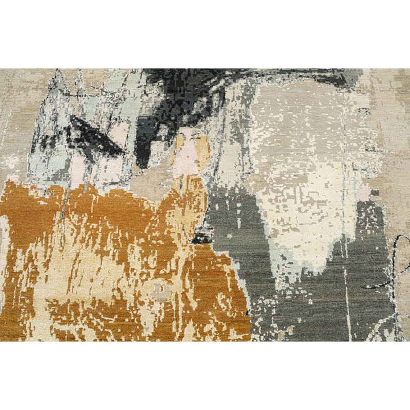 Tapis beige et gris anthracite de haute qualité noué à la main, Rectangle 8 pi x 10 pi