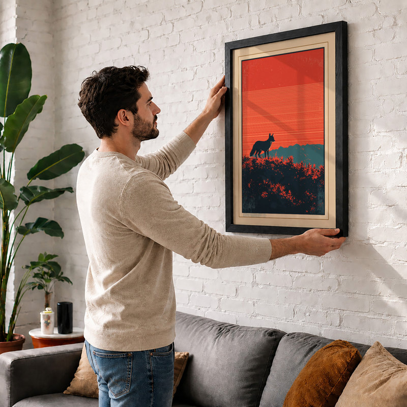 Fox Against Horizon Art Deco - Framed Print, A2 - 59.4 x 42.0 cm, Black