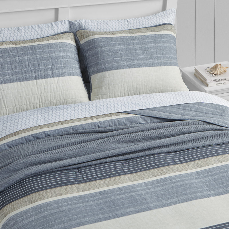 Full Blue Mirage Cotton Reversible Quilt Set