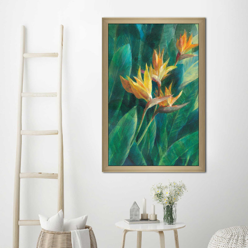 Oiseau du paradis I - Peinture, Encadrement champagne, H 27,5 po x l 21,5 po x P 0,75 po