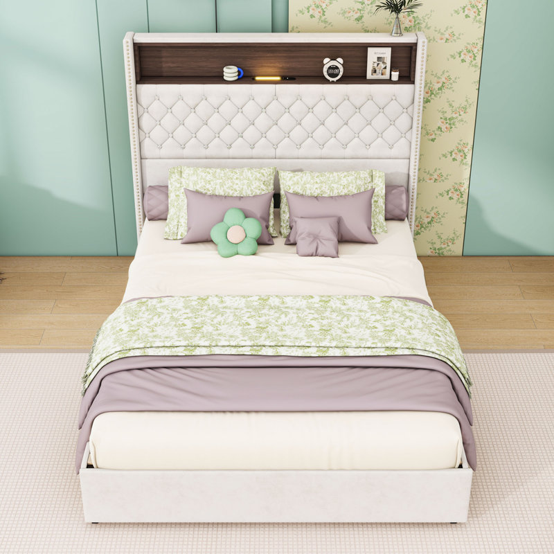 Lit plateforme en velours avec tête de lit capitonnée en cristal, ports USB et veilleuse, Double, Beige