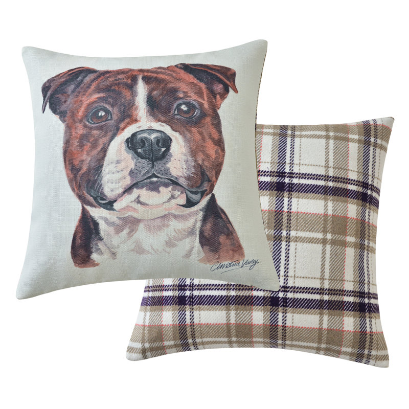 Staffordshire Bull Terrier Seat Cushion Watercolour and Check Print. 43cm x 43cm