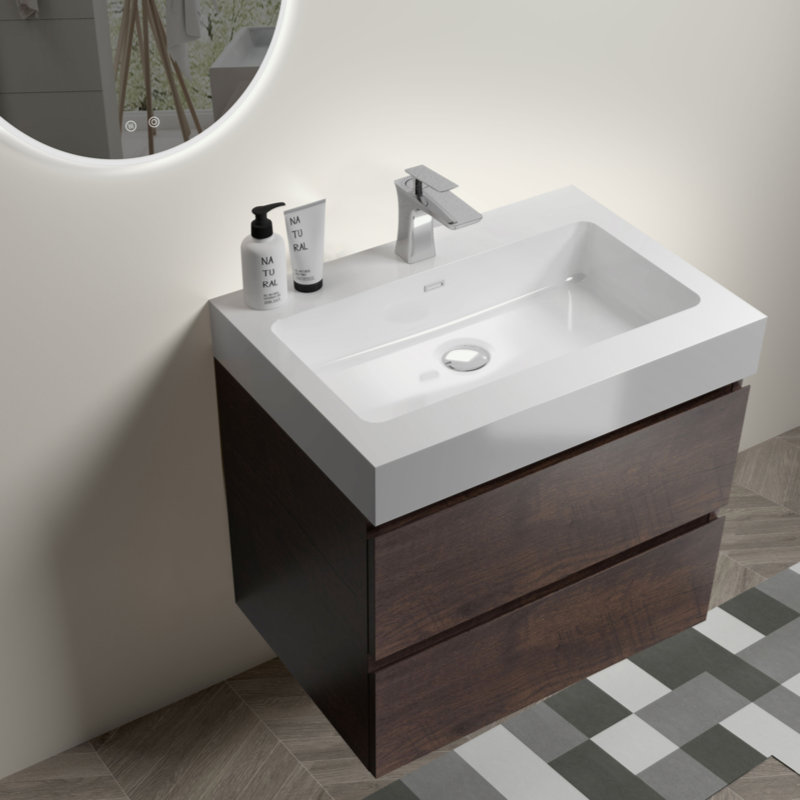 Meuble-lavabo mural 24 po avec lavabo, grand meuble-lavabo flottant mural pour salle de bain moderne, lavabo une pièce sans drain, pré-assemblé
