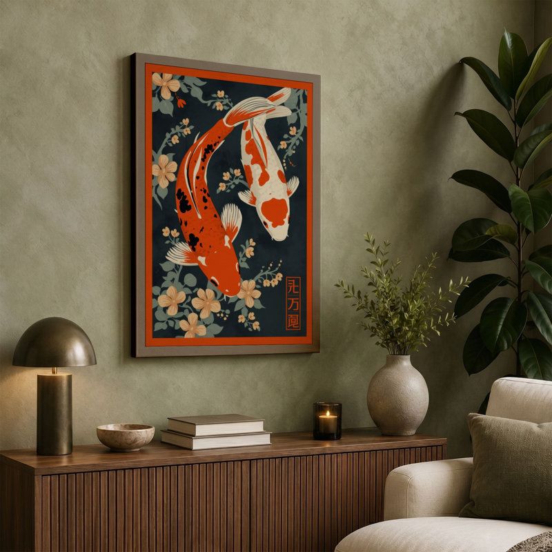 Koi and Blossoms Japandi 1 Piece Wrapped Canvas Wall Art, 30x20 - 76.2 x 50.8 cm, Terracotta Border