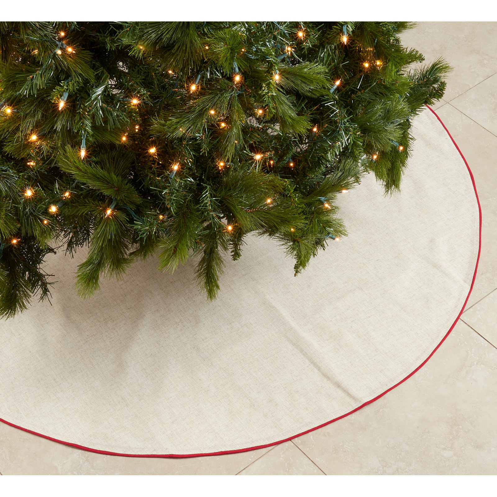 Nylah Tree Skirt, 56", Natural/Red Piping