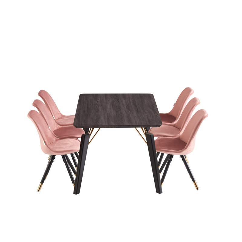 Guillermina 6 Person Dining set - a Rectangular Wooden Dining Table with Metal Legs and a Set of 6 Quilted Velvet Dining Chairs for Dining Room - Modern Dining Table Set